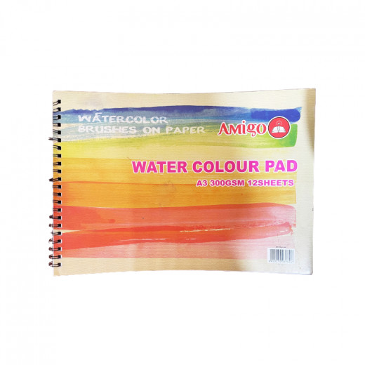 Amigo Watercolor Brushes On Paper, Water Colour Pad A3 300 Gsm, 12 Sheets