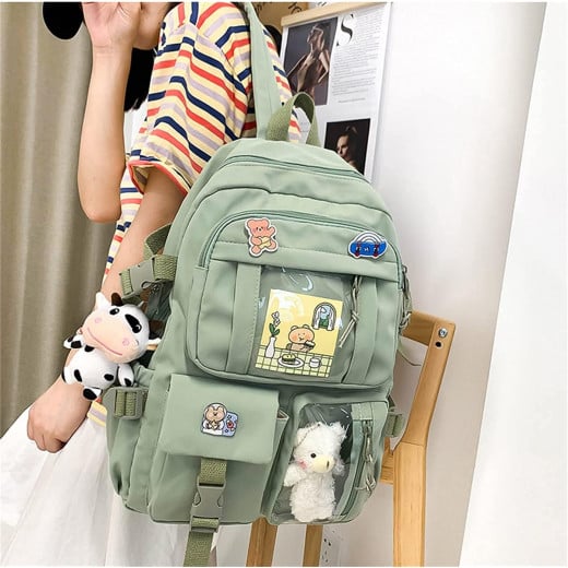 Students Kid Children School Backbag With Pins And Bear Badge, Green Color
