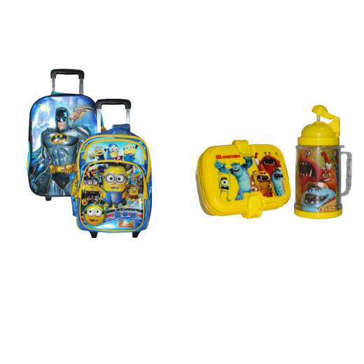 School Trolley Bag Pack For Kids & Lunch Box + Water Bottle
