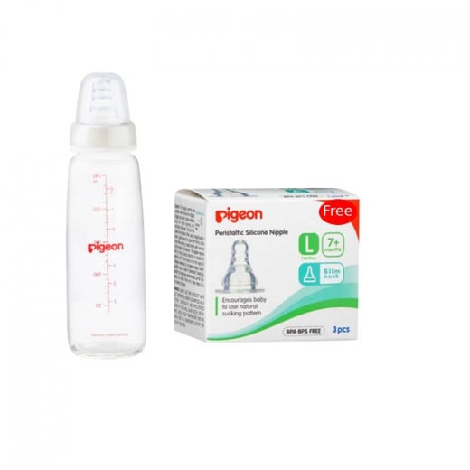 Pigeon Glass Bottle (Slim Neck) Clear Cap - 240ml + Pigeon Silicone Nipple S-TYPE (L) 3PC in a Box For Free