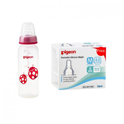 Pigeon Decorated Bottle - (Slim Neck) 240ml 1PC - Red, + Pigeon Silicone Nipple S-TYPE (M) 3PC in a Box For Free
