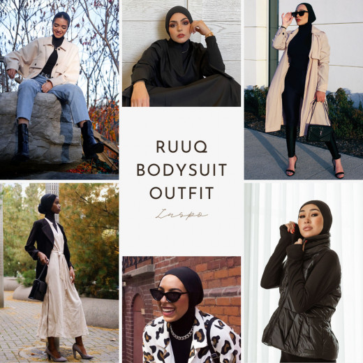 RUUQ Women's Nursing Bodysuit Long Sleeve with Hijab Cap - Black - XL