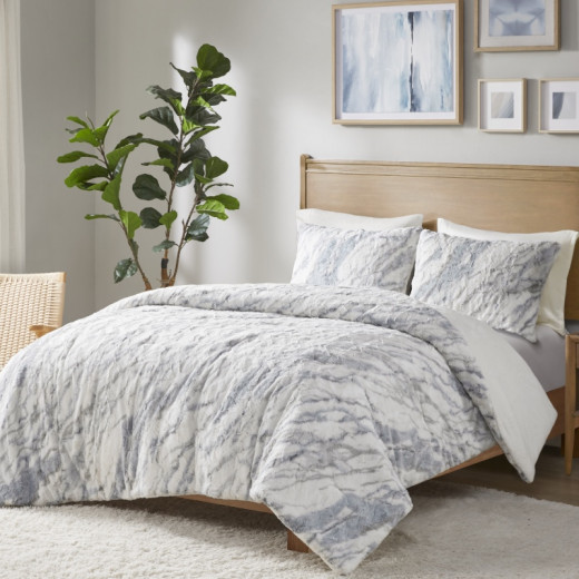 Nova home marble printed fur comforter set - king/super king - grey 6pcs