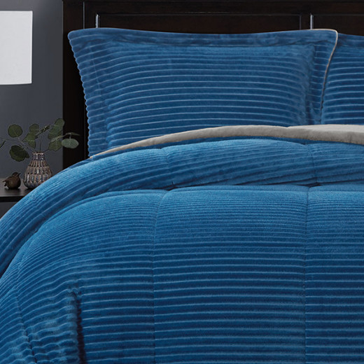 Nova Home Campo Cordroy Flannel Winter Comforter Set - King/Super King - Navy  4 Pcs