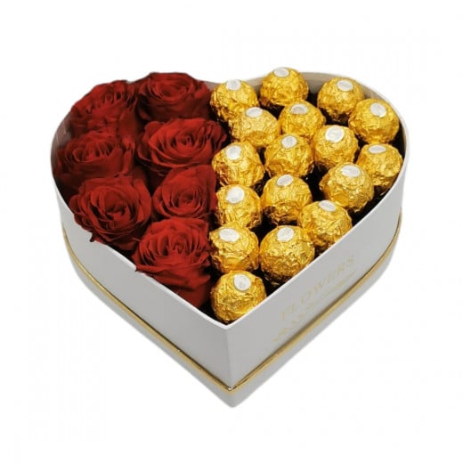 Roses with Chocolate, Heart Shape, White Color, Medium Size