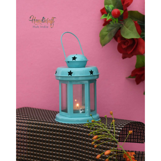 Decorative Iron Lantern with Tea Light Candle for Lightening and Home or Office Use (6x3.7x3.7 Inch- Sky Blue)