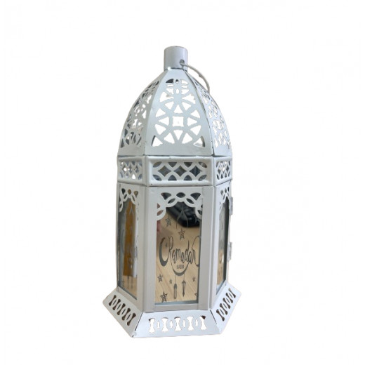 فانوس رمضان معدني  مع اضاءة مزخرف لديكور المنزل, باللون الأبيض