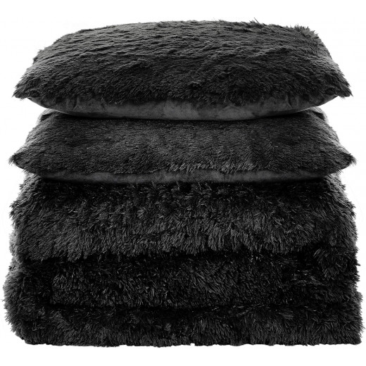 Nova Home Malea Winter Long Shaggy Fur Comforter, Black Color Twin Size, 4 Pieces