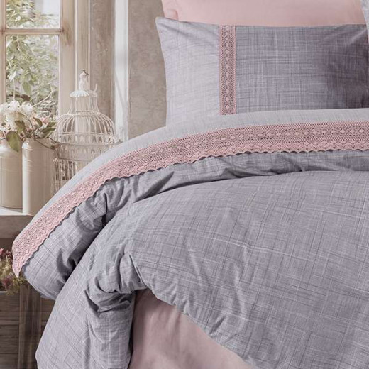 Nova Home Hazel Duvet Cover Set ,100% Cotton, Grey & Pink Color, King Size, 4 Pieces