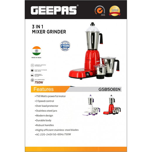 Geepas 750W 3-In-1 Mixer Grinder - Multi-Functional Grinder, Stainless Steel Jars  Blades