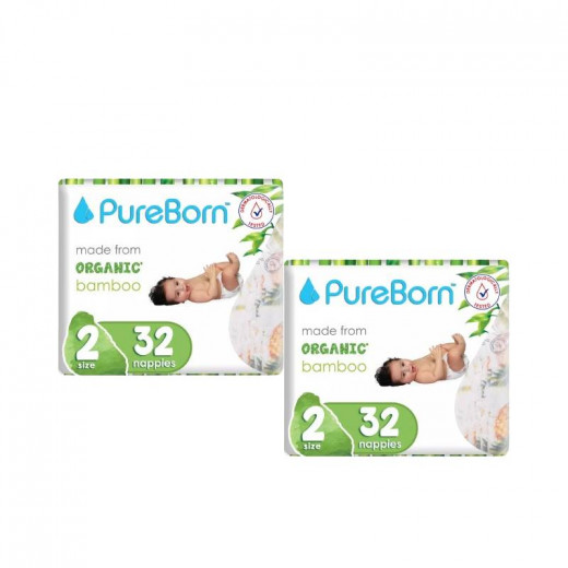 Pure Born Organic Nappies Single Pack, Pineapple Design, Size 2, 3-6 Kg, 32 Pieces, 2 Packs