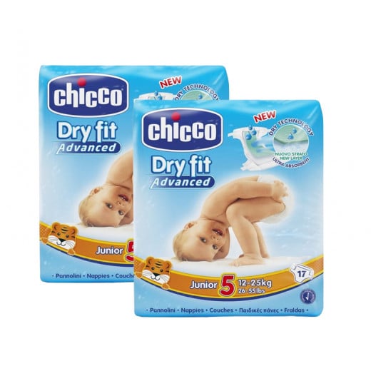 Chicco Dry Fit Plus Junior Diaper, Size 5, 12-25 Kg, 17 Diapers , 2 Packs
