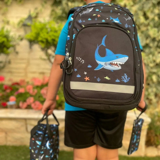 Boys School Backpack with Lunch Bag & Pencil Case Shark Design