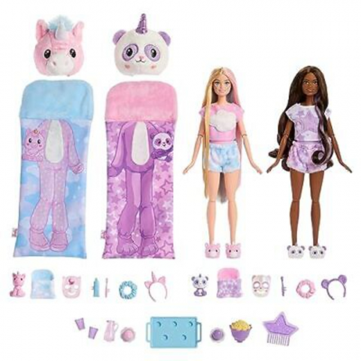 Barbie | Cutie Reveal Slumber Party Gift Set with 2 Dolls & 2 Pets